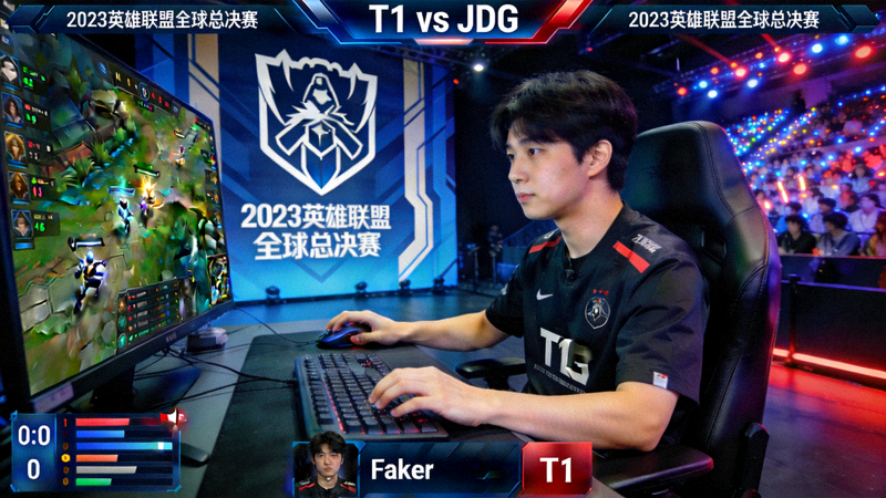 英雄联盟全球总决赛T1对阵JDG比赛直播画面，选手Faker正在比赛中操作